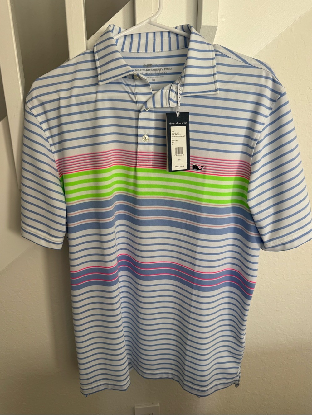 Vineyard Vines Men’s Blue Stripe Polo with Neon Green & Pink Accents